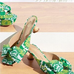 Green & Yellow Floral Bow Slingback Heels by ANTONIO MELANI